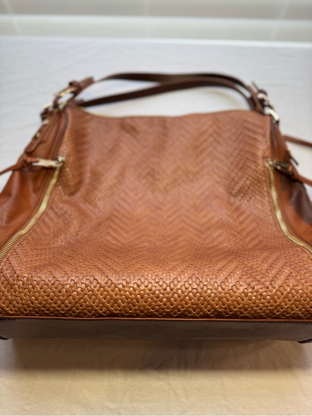 Steve Madden Braided Cognac Shoulder Bag with Gold Accents